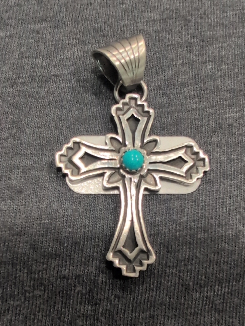 Sterling Silver Cross Pendant with Turquoise Accent By Robert Martinez